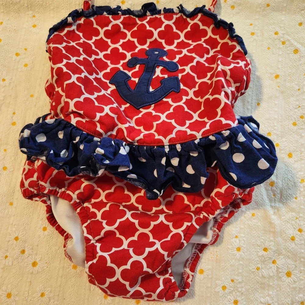 Red White Quatrefoil Anchor One Piece Swimsuit Girls 2T Nautical‎ Ruffle Halter
